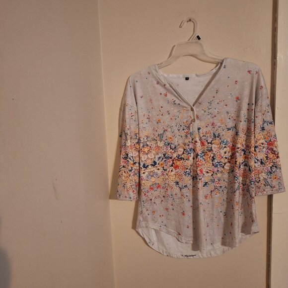 Tops - spring henley neck casual print 3/4 length sleeve